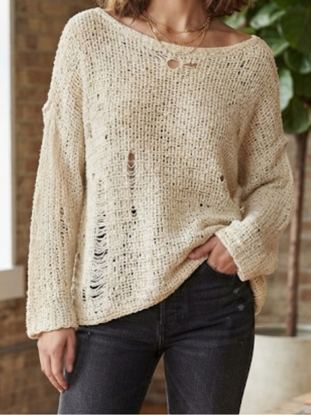 ANTHROPOLOGIE | MILLAU Crochet Boat Neck Distressed Sweater Ivory Small